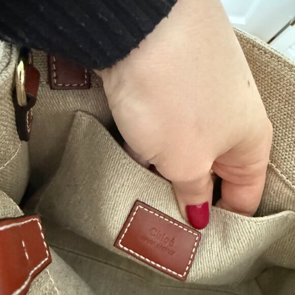 Chloé Canvas Leather Top Handle Tote Bag In Sand Beige Logo Detail Open Top - Picture 11 of 12